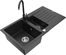 Mexen Matias zlewozmywak granitowy 1,5-komorowy z ociekaczem i baterią kuchenną Telma, czarny/srebrny - 6502-73-670200-70