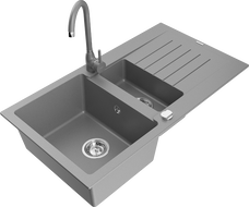 Mexen Matias zlewozmywak granitowy 1,5-komorowy z ociekaczem i baterią kuchenną Telma, szary - 6502-71-670200-71