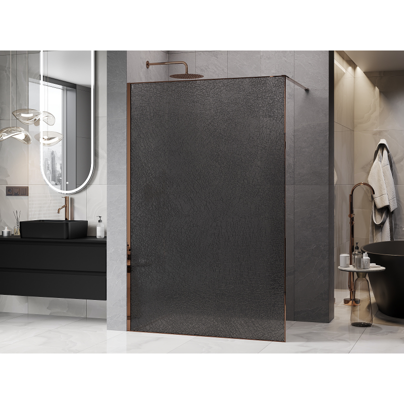 Mexen Kioto ścianka prysznicowa Walk-in 90 x 200 cm, crackle grafit 12 mm, różowe złoto - 800-090-101-60-44-X