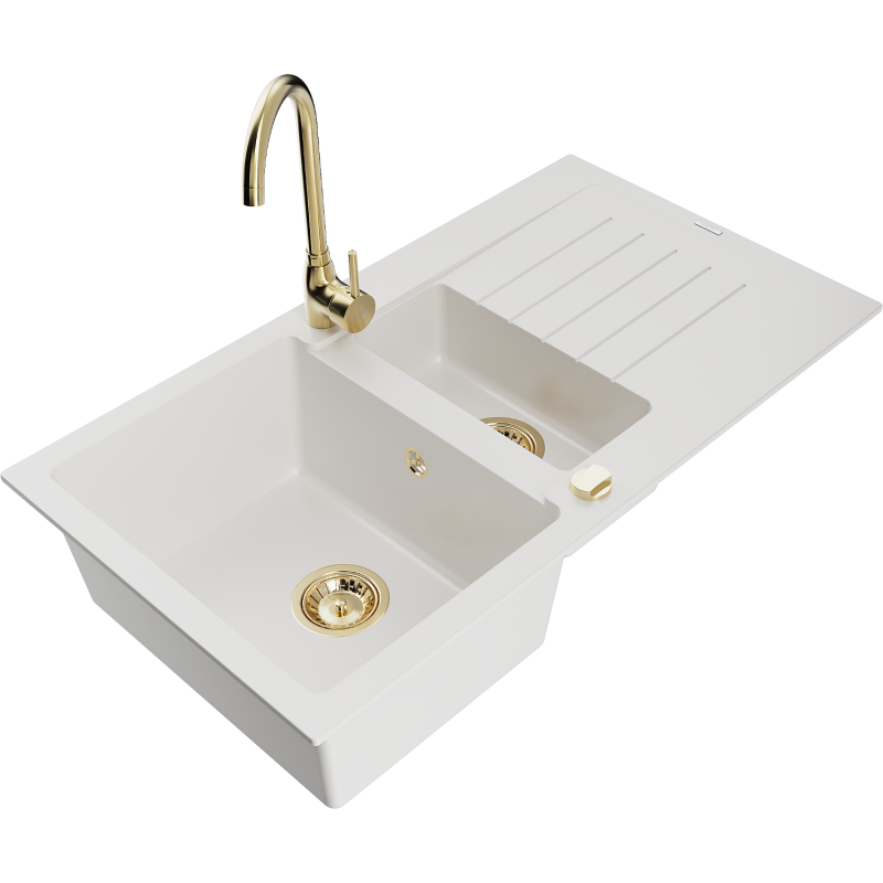 Mexen Matias zlewozmywak granitowy 1,5-komorowy z ociekaczem i baterią kuchenną Telma, biały - 6502-20-670200-50