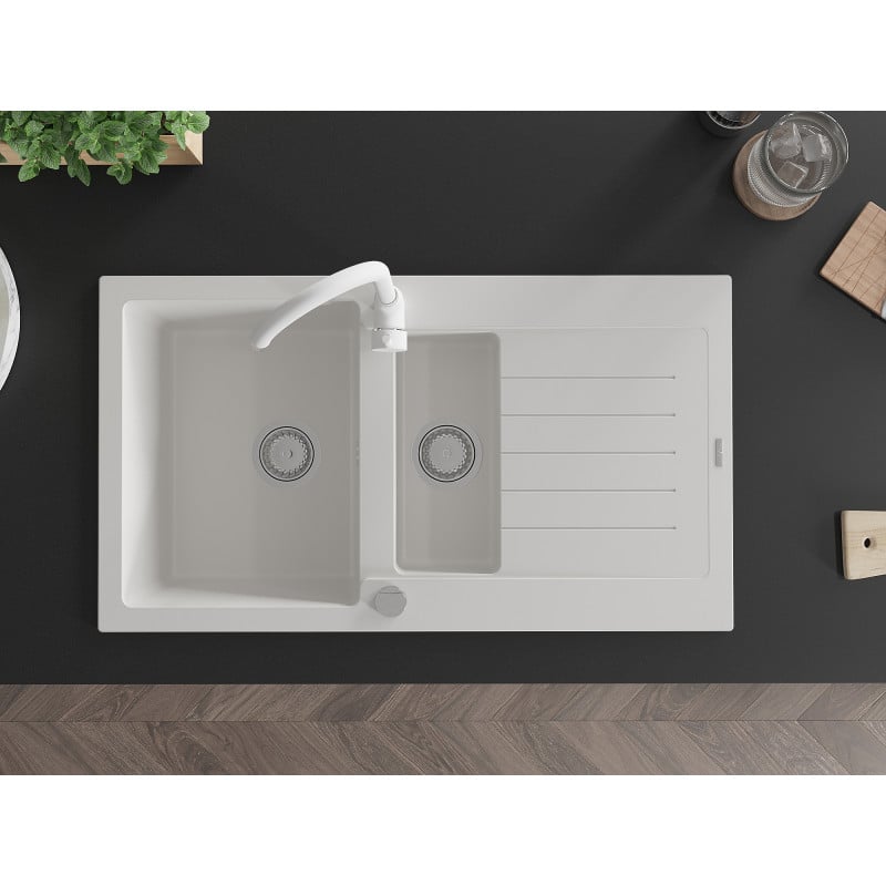 Mexen Matias zlewozmywak granitowy 1,5-komorowy z ociekaczem i baterią kuchenną Telma, biały - 6502-20-670200-20