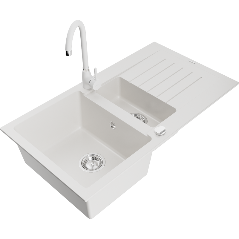 Mexen Matias zlewozmywak granitowy 1,5-komorowy z ociekaczem i baterią kuchenną Telma, biały - 6502-20-670200-20