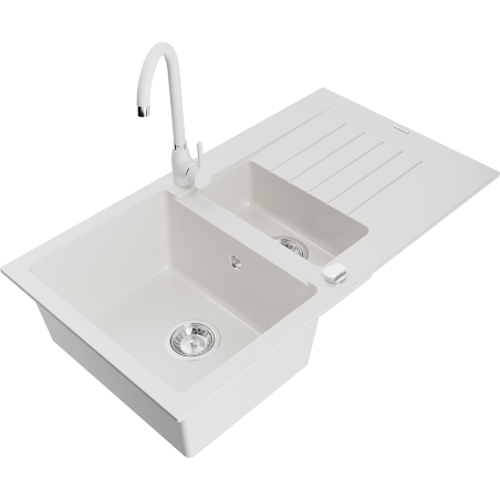 Mexen Matias zlewozmywak granitowy 1,5-komorowy z ociekaczem i baterią kuchenną Telma, biały - 6502-20-670200-20