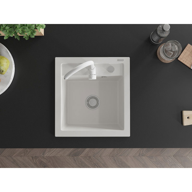 Mexen Vito zlewozmywak granitowy 1-komorowy z baterią kuchenną Telma, biały - 6503-20-670200-20