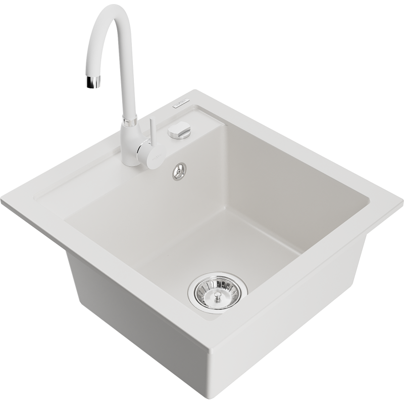 Mexen Vito zlewozmywak granitowy 1-komorowy z baterią kuchenną Telma, biały - 6503-20-670200-20