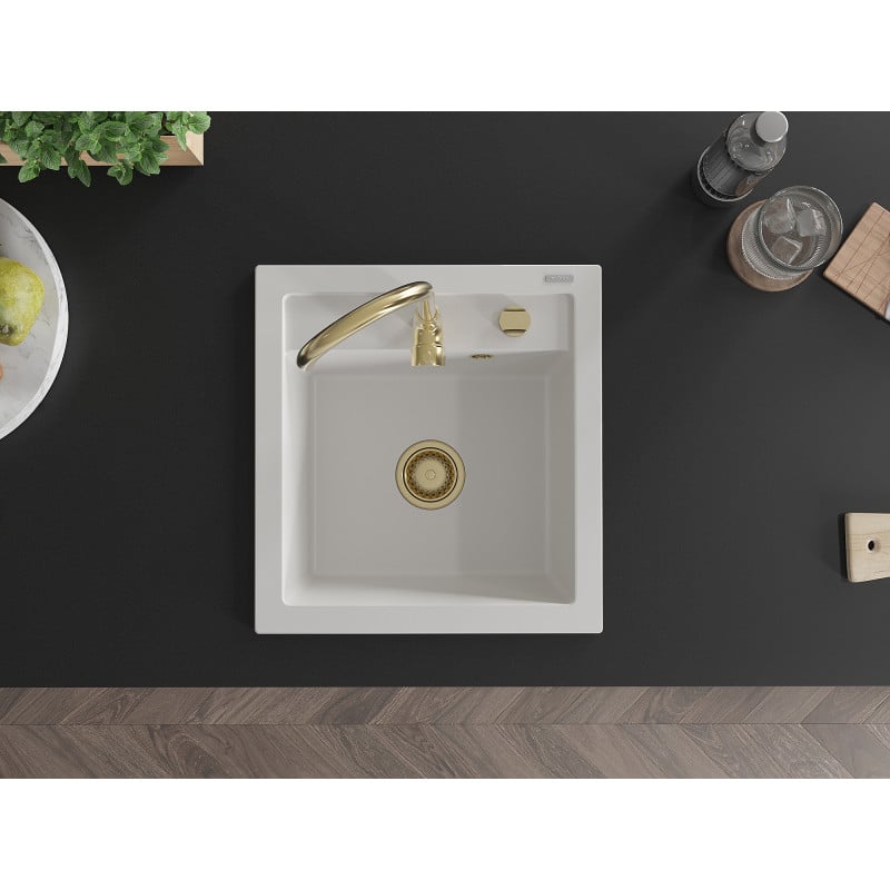 Mexen Vito zlewozmywak granitowy 1-komorowy z baterią kuchenną Telma, biały - 6503-20-670200-50