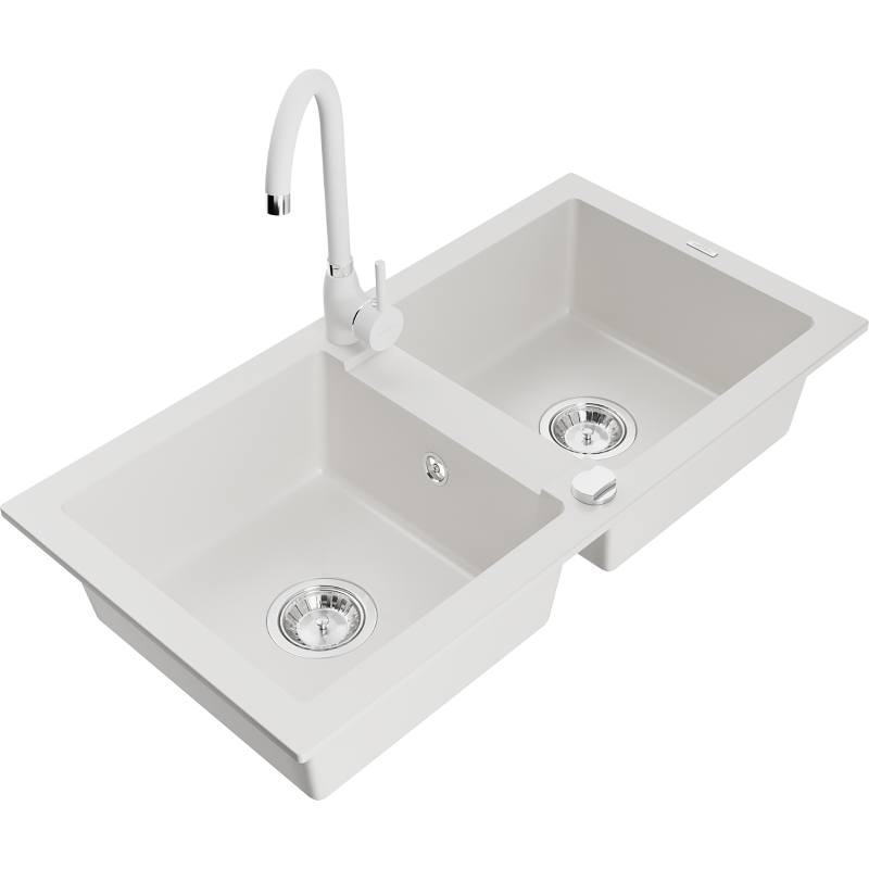 Mexen Mario zlewozmywak granitowy 2-komorowy z baterią kuchenną Telma, biały - 6504-20-670200-20