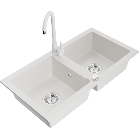Mexen Mario zlewozmywak granitowy 2-komorowy z baterią kuchenną Telma, biały - 6504-20-670200-20