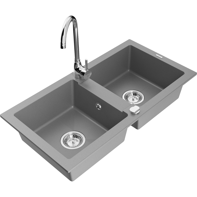 Mexen Mario zlewozmywak granitowy 2-komorowy z baterią kuchenną Telma, szary - 6504-71-670200-00