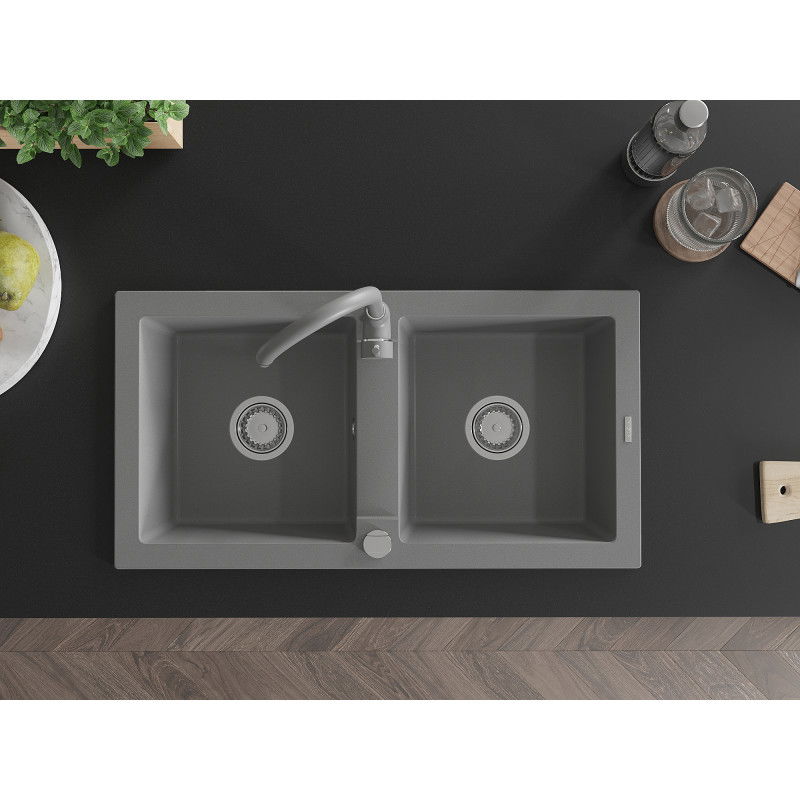 Mexen Mario zlewozmywak granitowy 2-komorowy z baterią kuchenną Telma, szary - 6504-71-670200-71