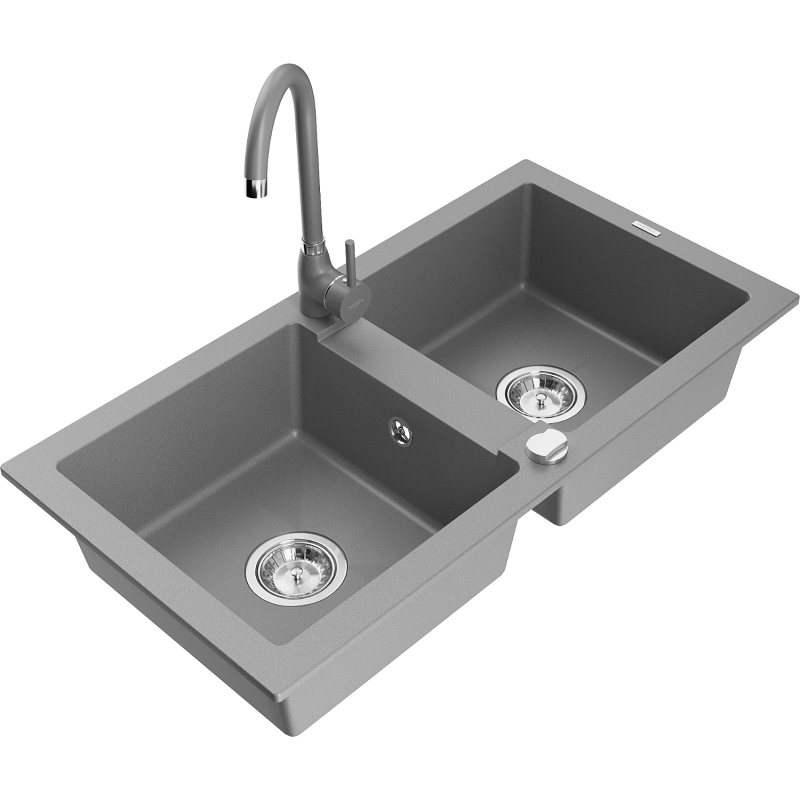 Mexen Mario zlewozmywak granitowy 2-komorowy z baterią kuchenną Telma, szary - 6504-71-670200-71