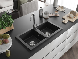 Mexen Mario zlewozmywak granitowy 2-komorowy z baterią kuchenną Telma, czarny/srebrny - 6504-73-670200-00