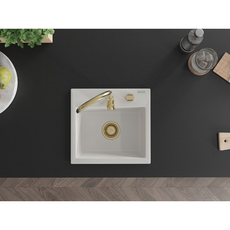 Mexen Milo zlewozmywak granitowy 1-komorowy z baterią kuchenną Telma, biały - 6505-20-670200-50