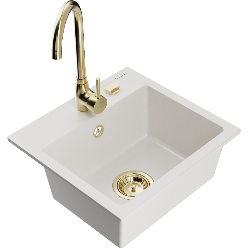 Mexen Milo zlewozmywak granitowy 1-komorowy z baterią kuchenną Telma, biały - 6505-20-670200-50