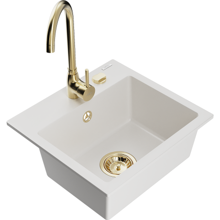 Mexen Milo zlewozmywak granitowy 1-komorowy z baterią kuchenną Telma, biały - 6505-20-670200-50