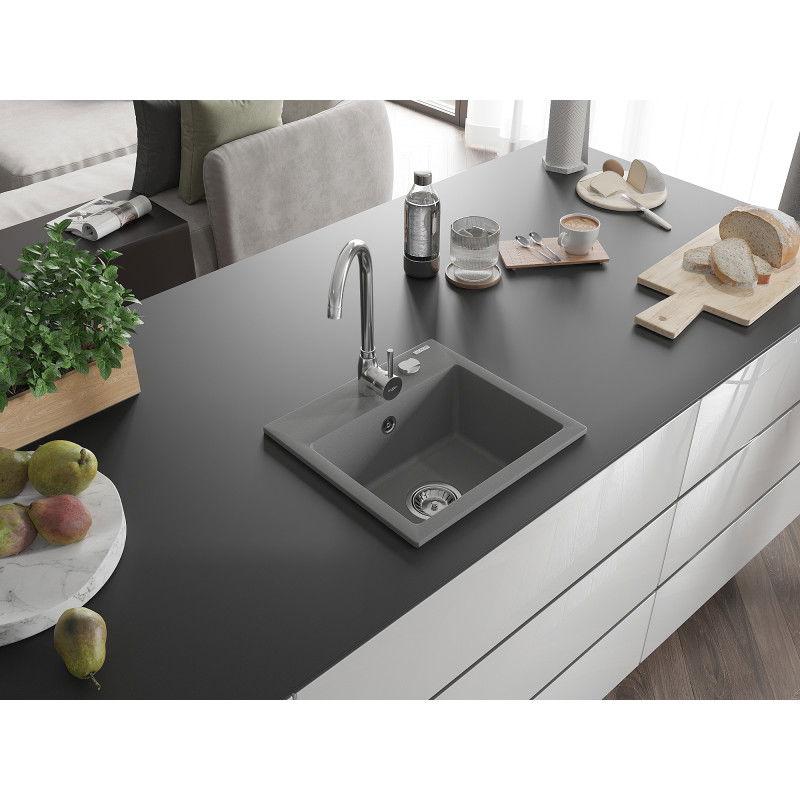 Mexen Milo zlewozmywak granitowy 1-komorowy z baterią kuchenną Telma, szary - 6505-71-670200-00