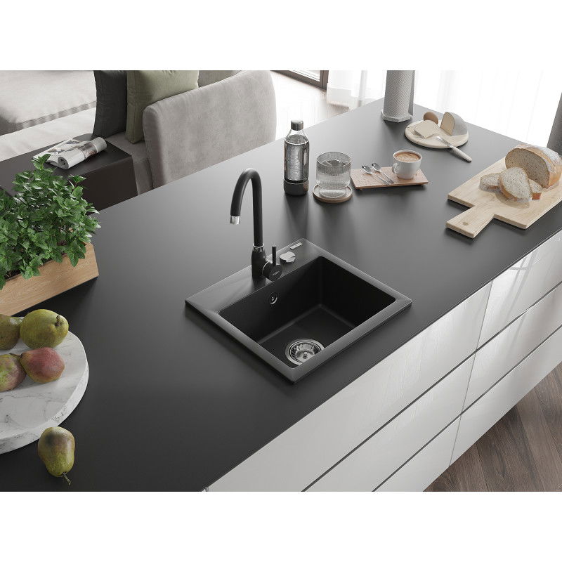 Mexen Milo zlewozmywak granitowy 1-komorowy z baterią kuchenną Telma, czarny - 6505-77-670200-70