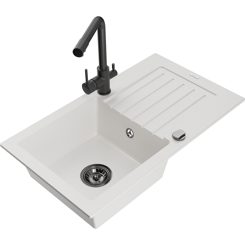 Mexen Pablo zlewozmywak granitowy 1-komorowy z ociekaczem i baterią kuchenną Duero, biały - 6510-20-671600-70
