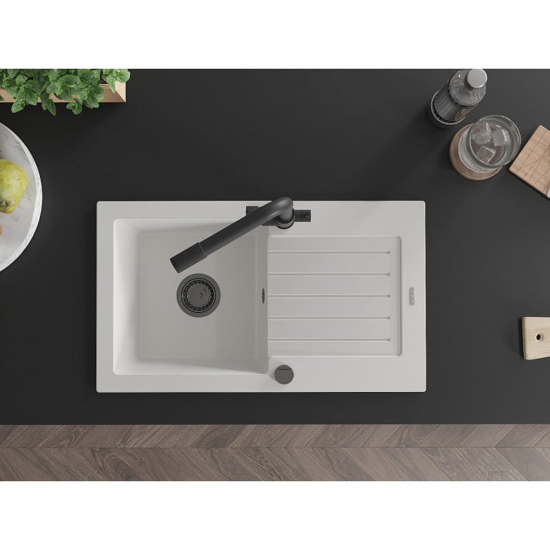 Mexen Pablo zlewozmywak granitowy 1-komorowy z ociekaczem i baterią kuchenną Duero, biały - 6510-20-671600-70