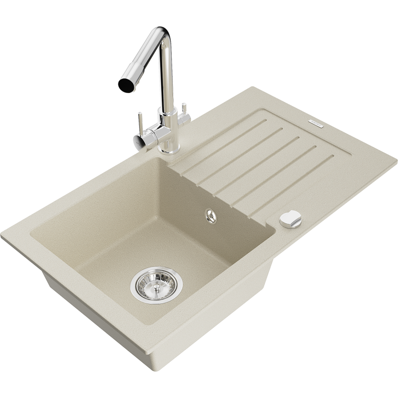Mexen Pablo zlewozmywak granitowy 1-komorowy z ociekaczem i baterią kuchenną Duero, beżowy - 6510-69-671600-00