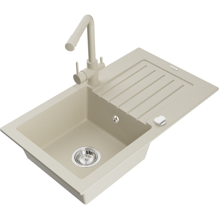 Mexen Pablo zlewozmywak granitowy 1-komorowy z ociekaczem i baterią kuchenną Duero, beżowy - 6510-69-671600-69
