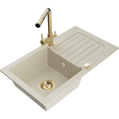 Mexen Pablo zlewozmywak granitowy 1-komorowy z ociekaczem i baterią kuchenną Duero, beżowy - 6510-69-671600-50