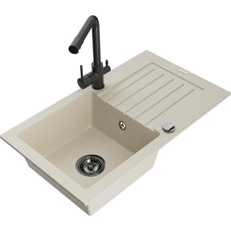 Mexen Pablo zlewozmywak granitowy 1-komorowy z ociekaczem i baterią kuchenną Duero, beżowy - 6510-69-671600-70
