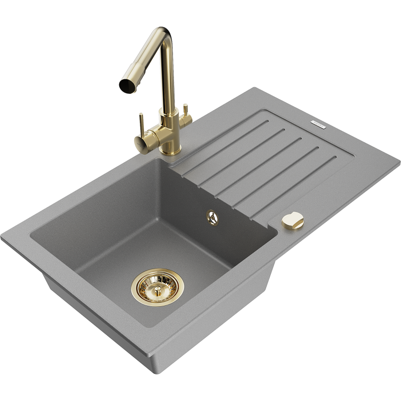 Mexen Pablo zlewozmywak granitowy 1-komorowy z ociekaczem i baterią kuchenną Duero, szary - 6510-71-671600-50