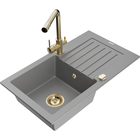Mexen Pablo zlewozmywak granitowy 1-komorowy z ociekaczem i baterią kuchenną Duero, szary - 6510-71-671600-50