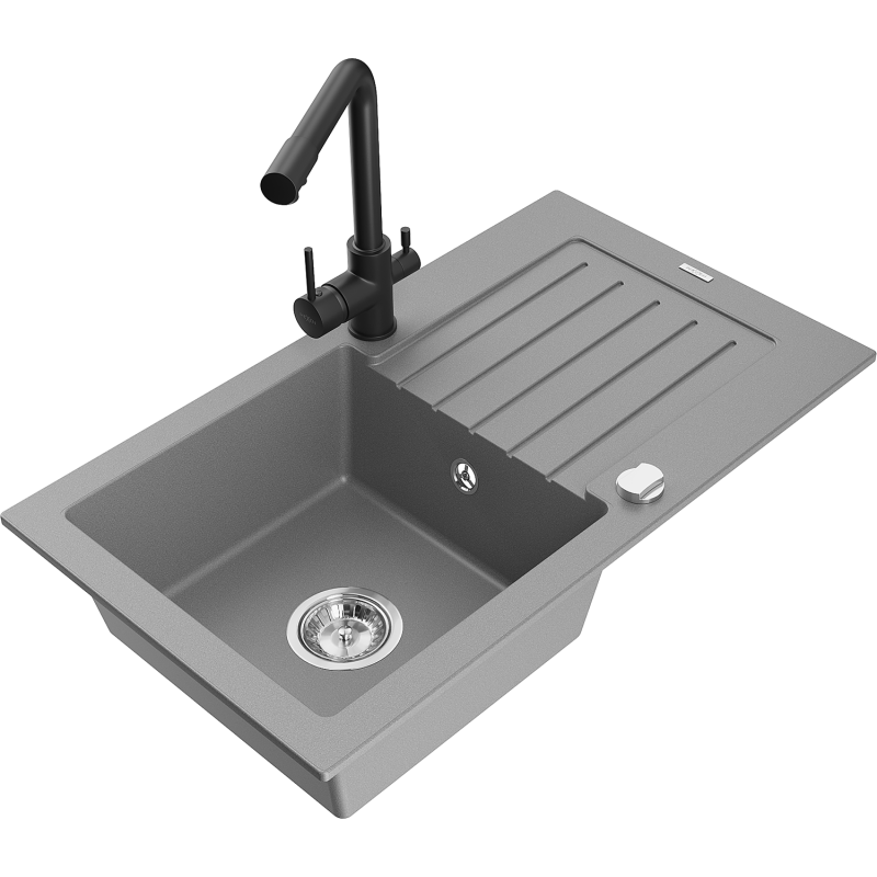 Mexen Pablo zlewozmywak granitowy 1-komorowy z ociekaczem i baterią kuchenną Duero, szary - 6510-71-671600-70