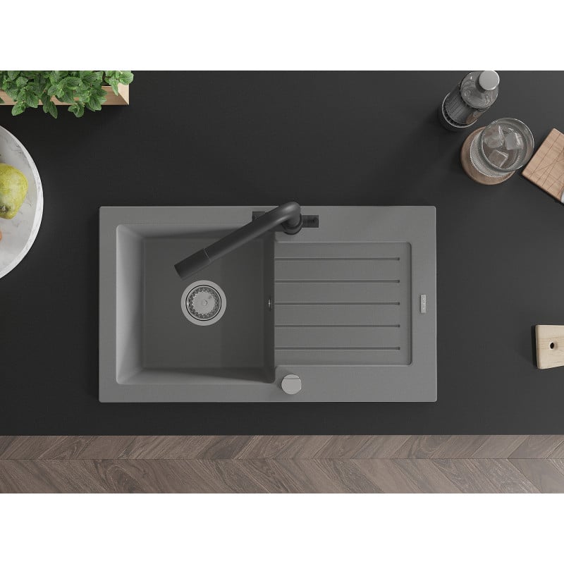 Mexen Pablo zlewozmywak granitowy 1-komorowy z ociekaczem i baterią kuchenną Duero, szary - 6510-71-671600-70