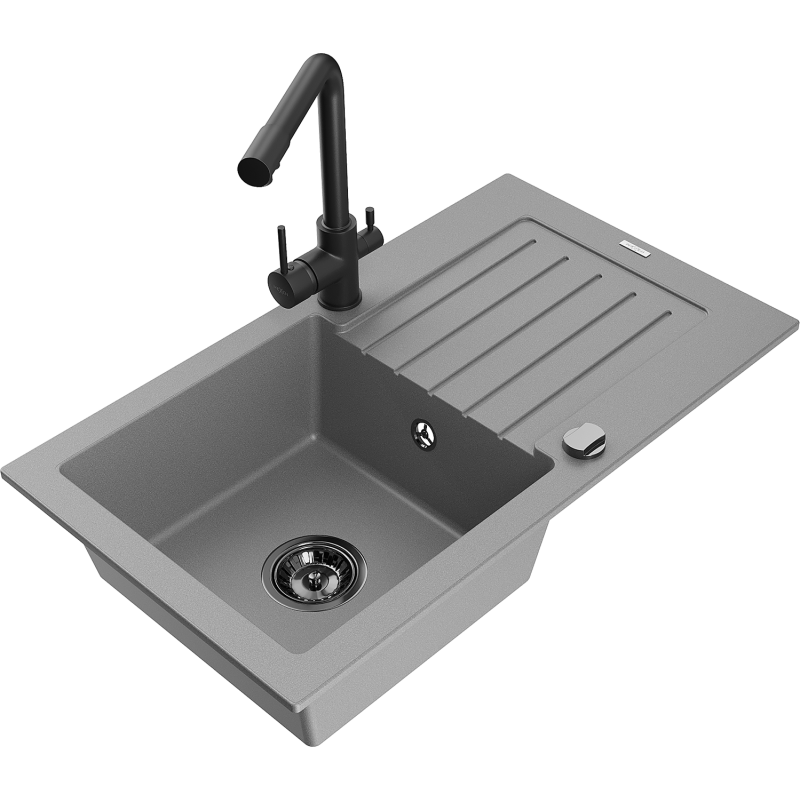 Mexen Pablo zlewozmywak granitowy 1-komorowy z ociekaczem i baterią kuchenną Duero, szary - 6510-71-671600-70-B