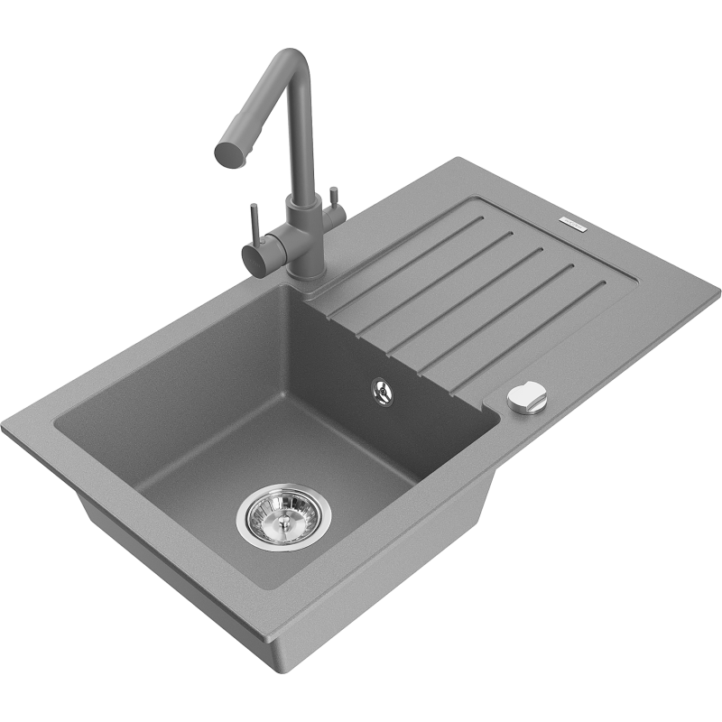 Mexen Pablo zlewozmywak granitowy 1-komorowy z ociekaczem i baterią kuchenną Duero, szary - 6510-71-671600-71