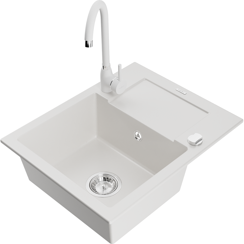 Mexen Enzo zlewozmywak granitowy 1-komorowy z ociekaczem i baterią kuchenną Telma, biały - 6506-20-670200-20