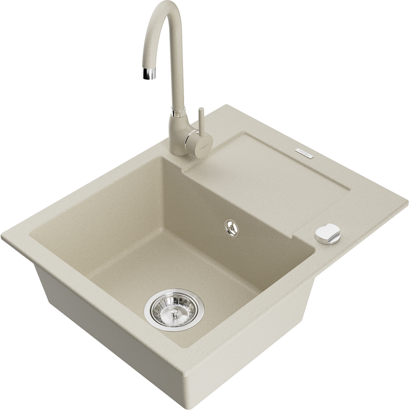 Mexen Enzo zlewozmywak granitowy 1-komorowy z ociekaczem i baterią kuchenną Telma, beżowy - 6506-69-670200-69