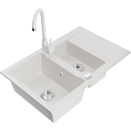 Mexen Gaspar zlewozmywak granitowy 1,5-komorowy z ociekaczem i baterią kuchenną Telma, biały - 6507-20-670200-20