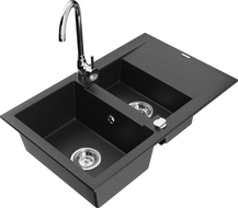 Mexen Gaspar zlewozmywak granitowy 1,5-komorowy z ociekaczem i baterią kuchenną Telma, czarny/srebrny - 6507-73-670200-00