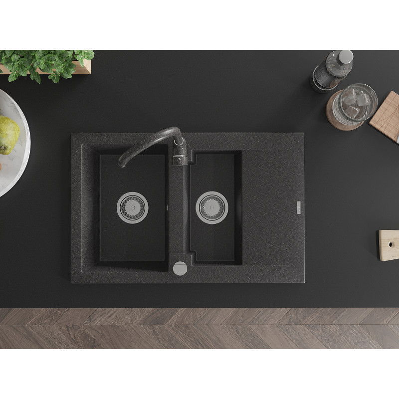 Mexen Gaspar zlewozmywak granitowy 1,5-komorowy z ociekaczem i baterią kuchenną Telma, czarny nakrapiany - 6507-76-670200-76