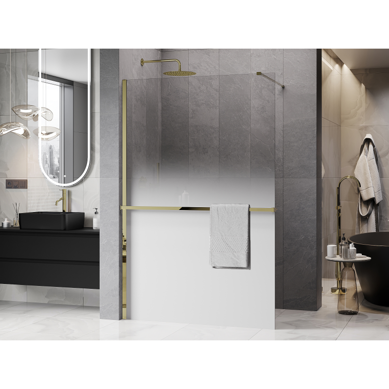 Mexen Kioto+ ścianka prysznicowa z półką Walk-in 110 x 200 cm, ombre biała 8 mm, złota - 800-110-121-50-86