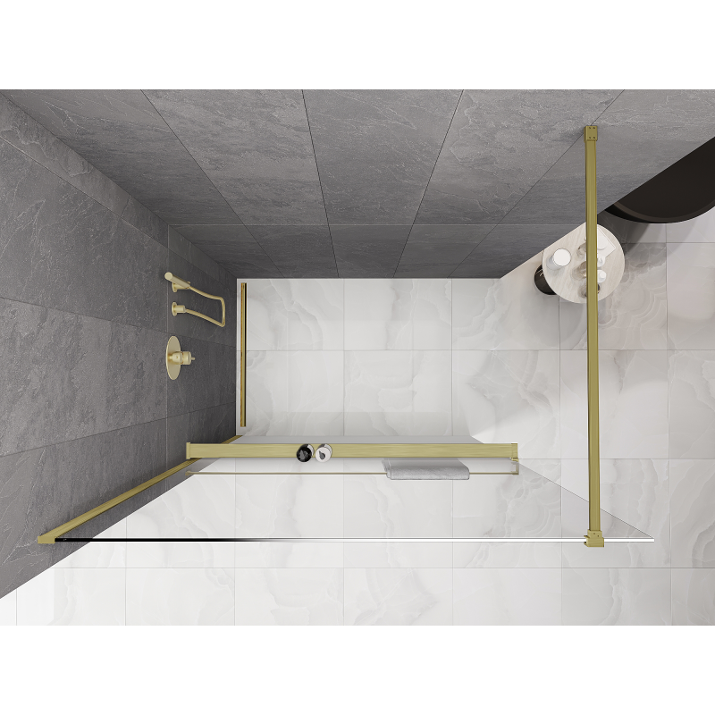 Mexen Kioto+ ścianka prysznicowa z półką Walk-in 90 x 200 cm, ombre biała 8 mm, złota szczotkowana - 800-090-121-55-86