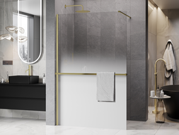 Mexen Kioto+ ścianka prysznicowa z półką Walk-in 100 x 200 cm, ombre biała 8 mm, złota szczotkowana - 800-100-121-55-86