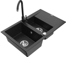 Mexen Gaspar zlewozmywak granitowy 1,5-komorowy z ociekaczem i baterią kuchenną Telma, czarny/srebrny - 6507-73-670200-70