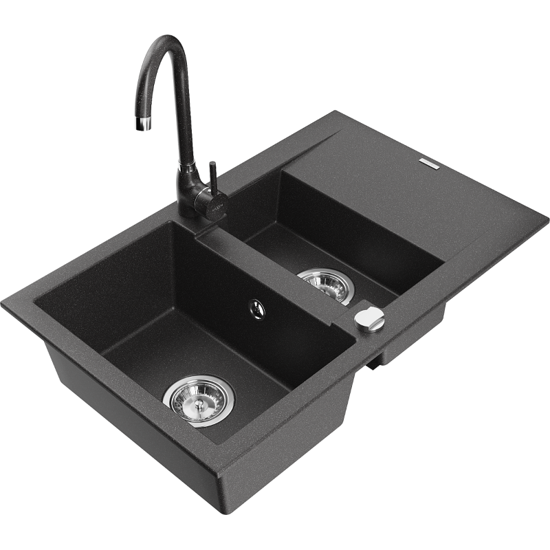 Mexen Gaspar zlewozmywak granitowy 1,5-komorowy z ociekaczem i baterią kuchenną Telma, czarny nakrapiany - 6507-76-670200-76
