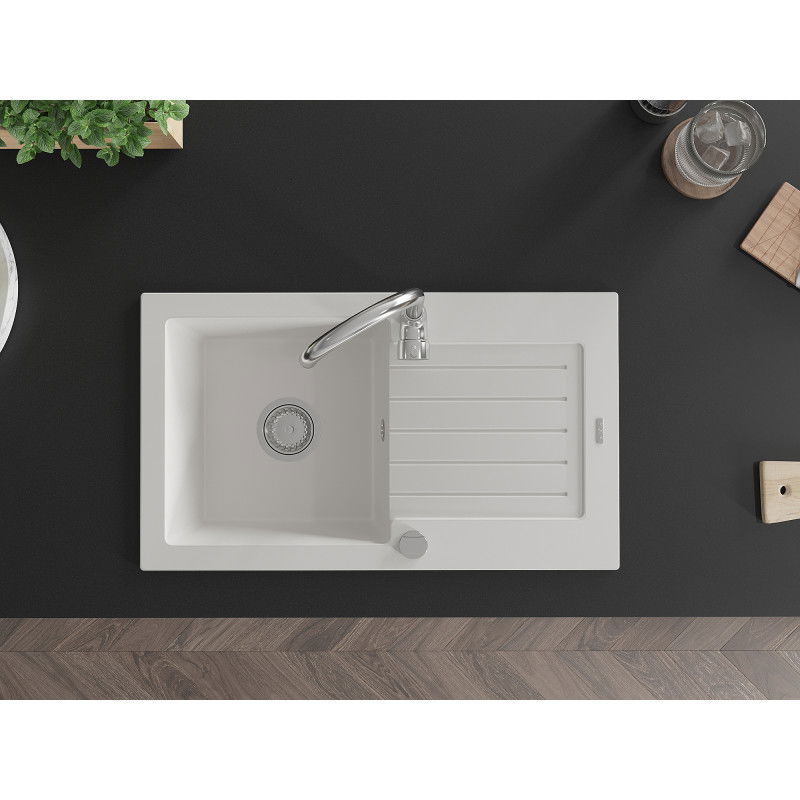 Mexen Pablo zlewozmywak granitowy 1-komorowy z ociekaczem i baterią kuchenną Telma, biały - 6510-20-670200-00