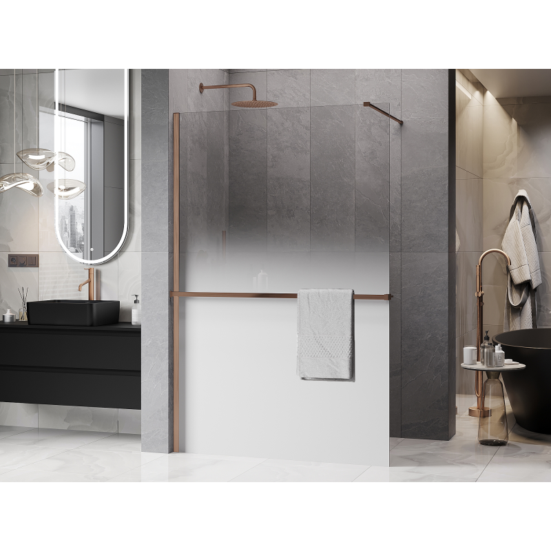 Mexen Kioto+ ścianka prysznicowa z półką Walk-in 140 x 200 cm, ombre biała 8 mm, miedź szczotkowana - 800-140-121-65-86