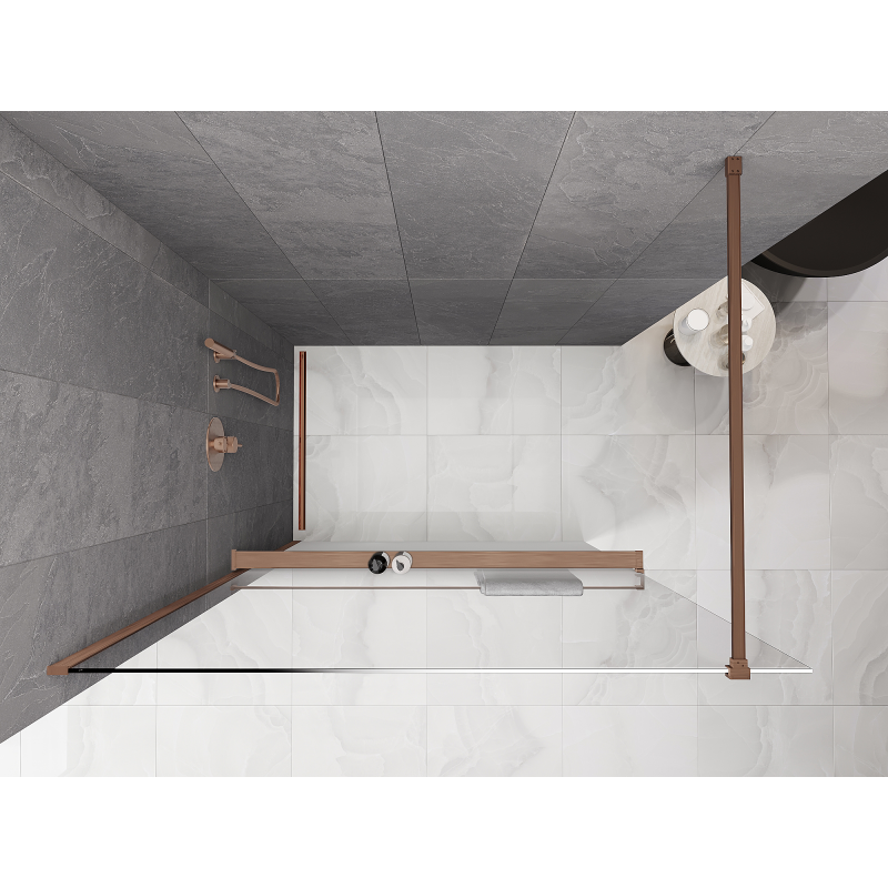 Mexen Kioto+ ścianka prysznicowa z półką Walk-in 140 x 200 cm, ombre biała 8 mm, miedź szczotkowana - 800-140-121-65-86