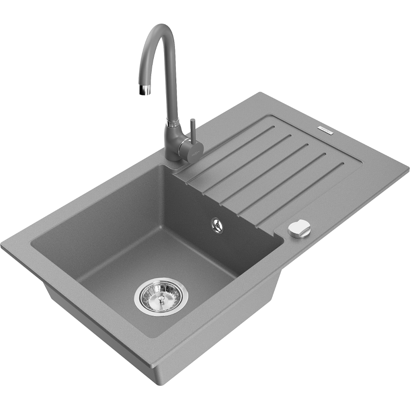 Mexen Pablo zlewozmywak granitowy 1-komorowy z ociekaczem i baterią kuchenną Telma, szary - 6510-71-670200-71