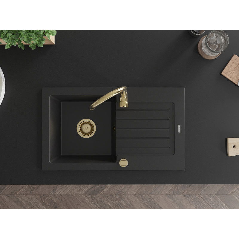 Mexen Pablo zlewozmywak granitowy 1-komorowy z ociekaczem i baterią kuchenną Telma, czarny - 6510-77-670200-50