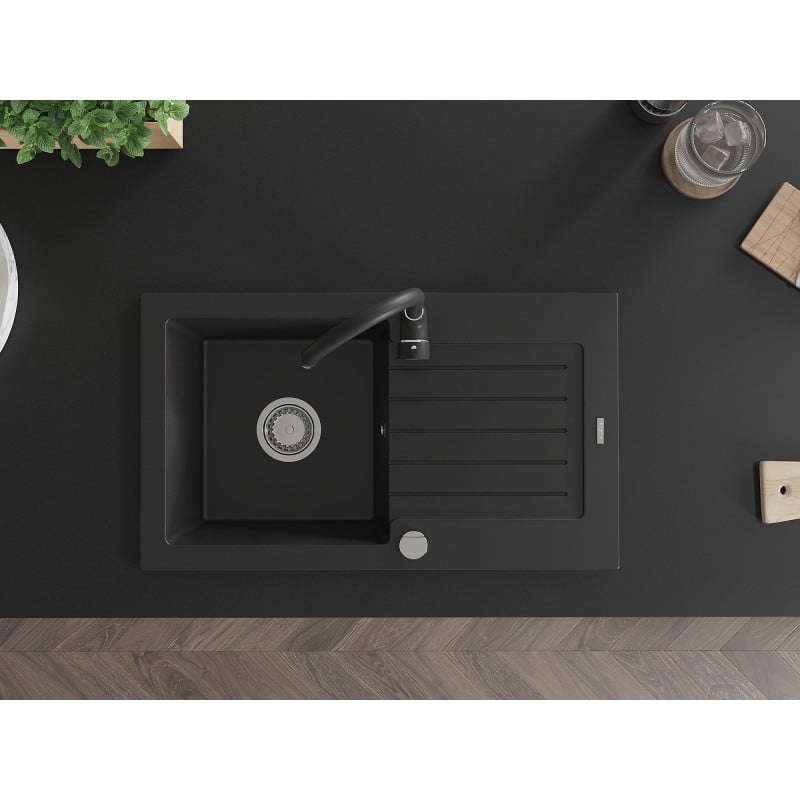 Mexen Pablo zlewozmywak granitowy 1-komorowy z ociekaczem i baterią kuchenną Telma, czarny - 6510-77-670200-70