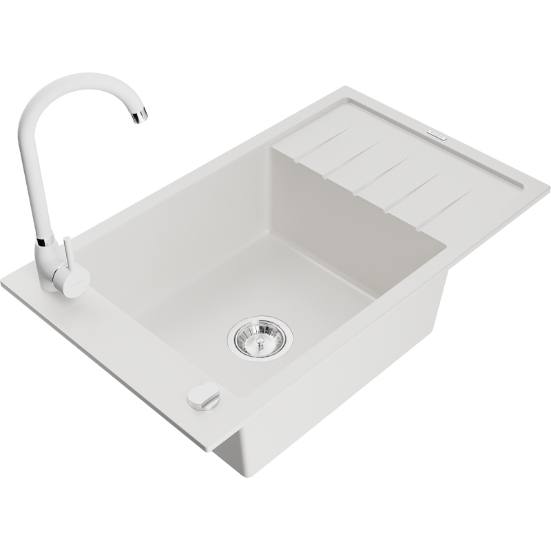 Mexen Elias zlewozmywak granitowy 1-komorowy z ociekaczem i baterią kuchenną Telma, biały - 6511-20-670200-20